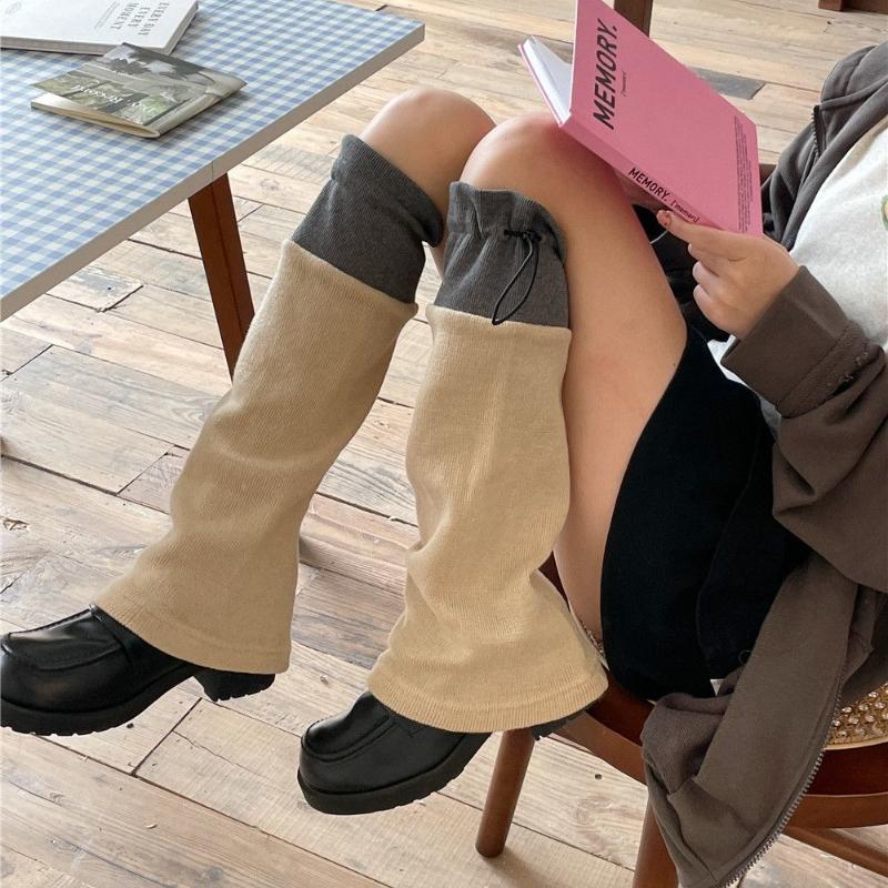 Women's Niche Khaki Color-blocking Wide-leg Leg Warmers Autumn Winter Coffee Brown Cotton Leg Warmers Y2K Spice Girl Slouchy Sock Boots
