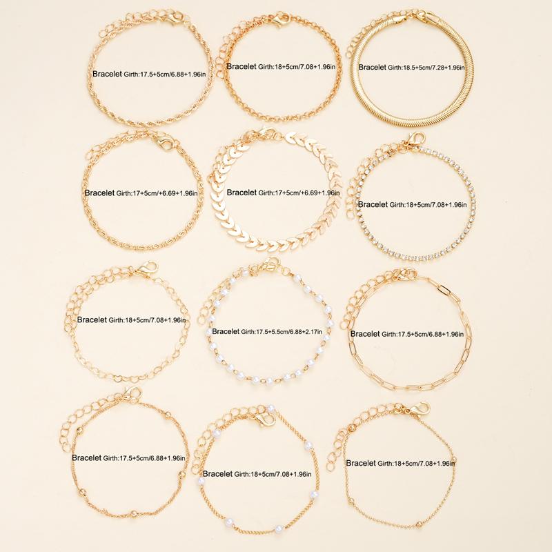 12Pcs Vintage Elegant Gold Color Bracelet Sets Simple Copper Metal Zircon Pearl Chain Bracelet Everyday Party Jewelry Gifts 2026
