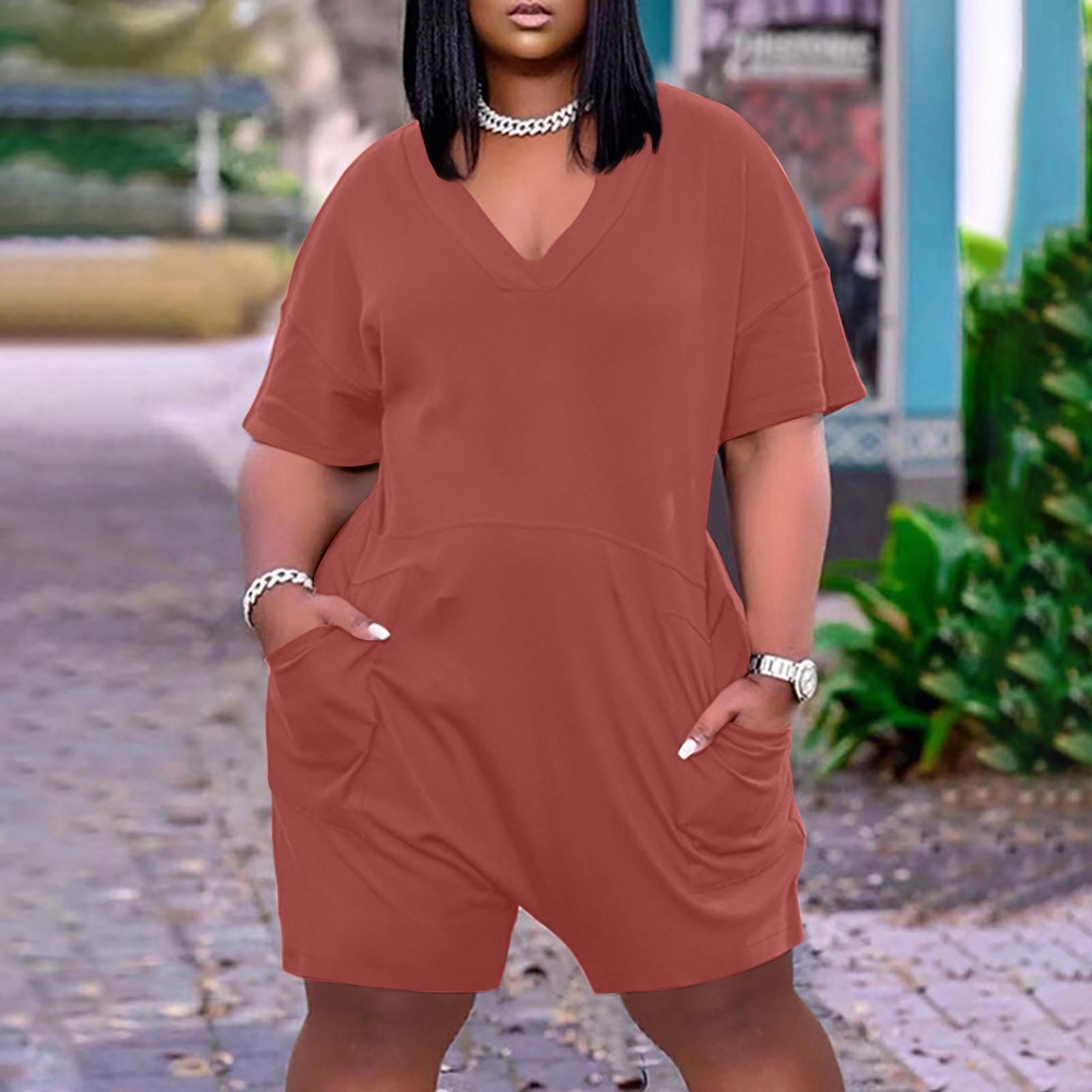 

Летний плюс размер V-образным вырезом с коротким рукавом и карманом до колена, повседневный комбинезон для женщин M арбуз красный