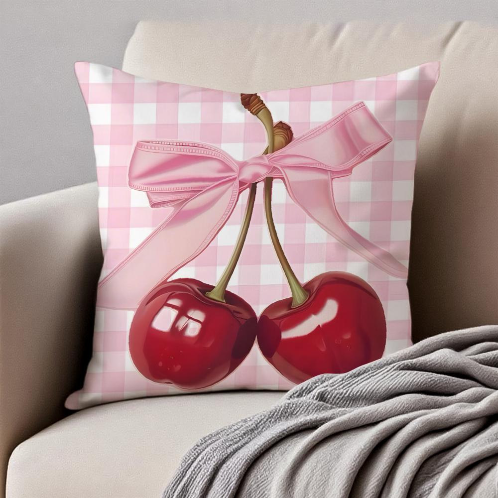 Pink bow cherry Cushion Cover Pillowcase Antidustmite Invisible Zipper Short Plush Sofa Cushion