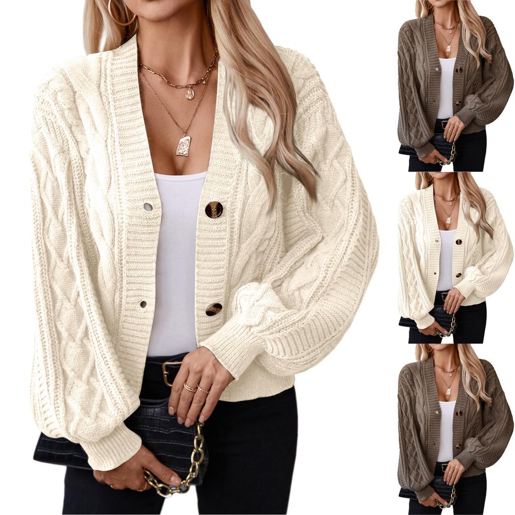 Women's Fashion Casual Solid Color V-Neck Long Sleeve Loose Knitted Cable Button Cardigan Sweater Jacket