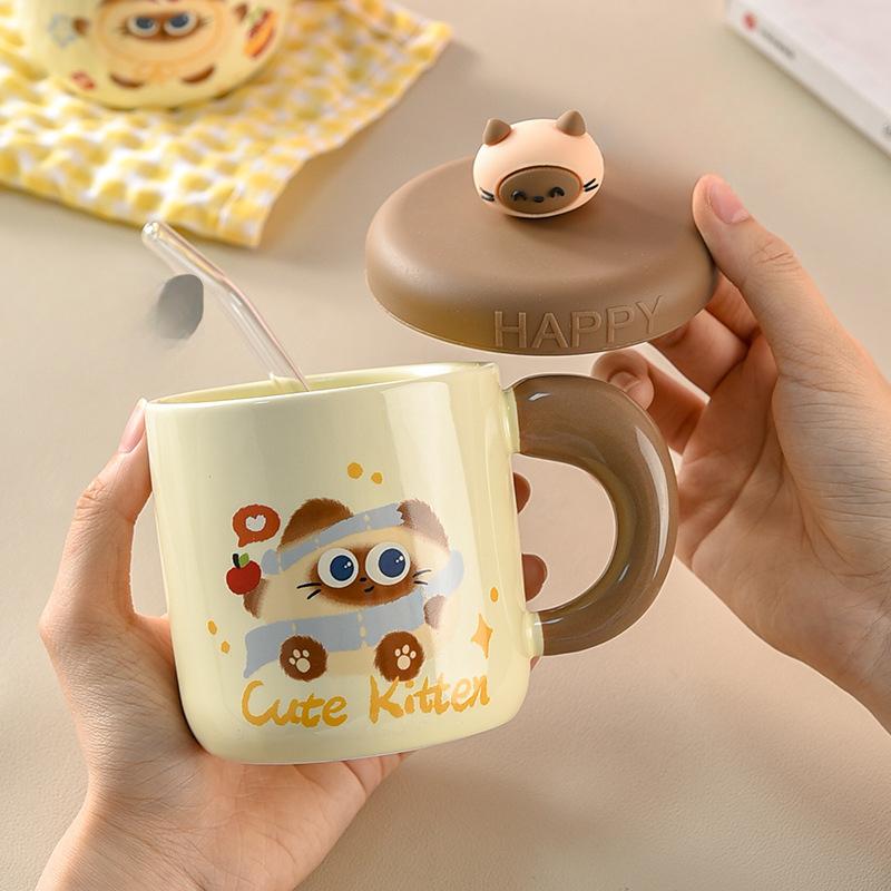 Kitten Couple Ceramic Mug with Lid Cup with Straw Water Cup Female Office Worker Cute Student Drinking Water for Home Use