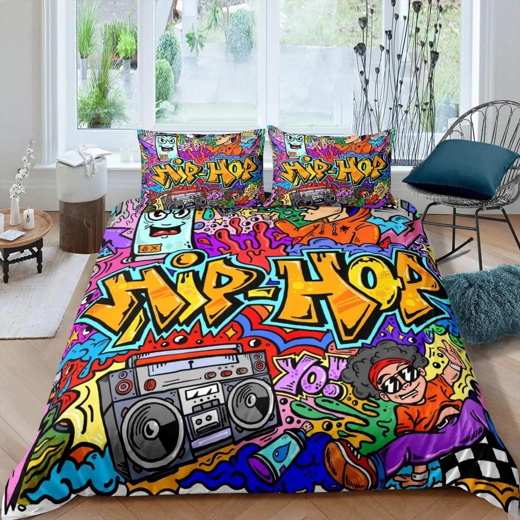 Hip Hop Bettbezug King Queen Size Farbe Street Culture Wand Graffiti Kunst Rockmusik Sport Polyester Bettwäsche Set für Kind Teenager