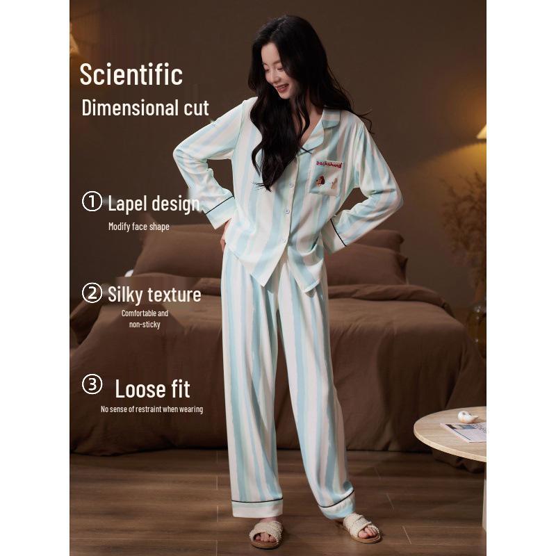 Ice Silk Cool Women’s Long Sleeve Pajama Set with Cute Stripes for Spring and Autumn