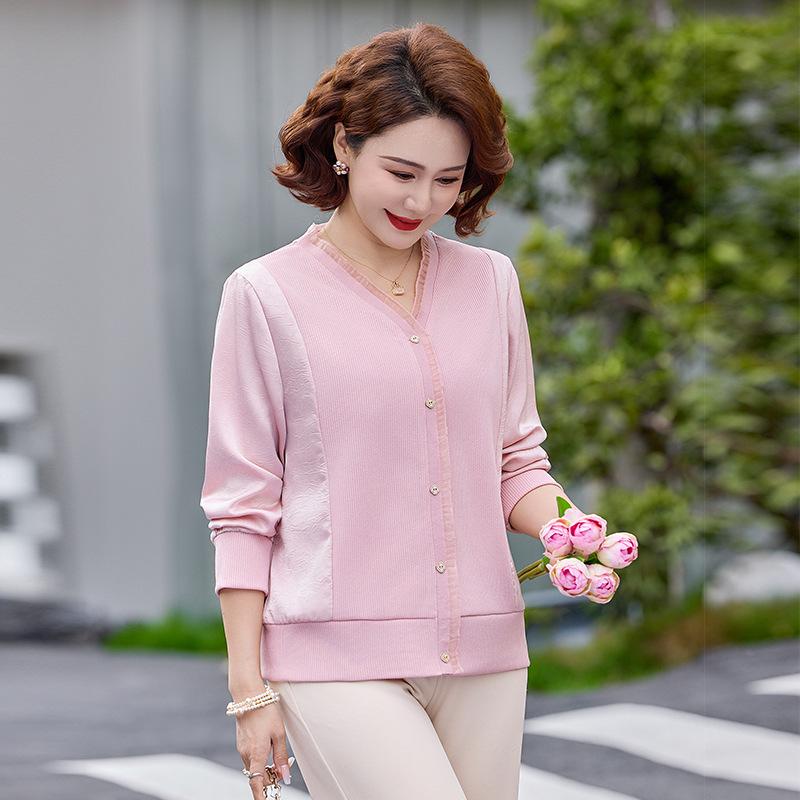 

Spring 2026 Solid Color Long Sleeve Thin Base Layer Top for Middle-aged Women 5XL (recommended 145-165 jin) розовый
