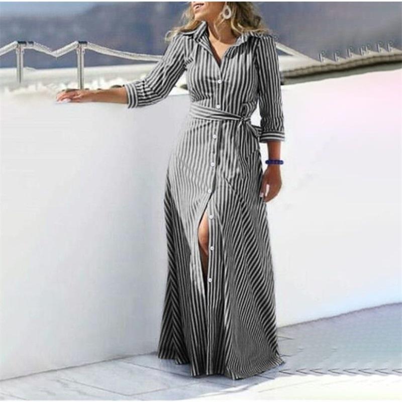 Robe Maxi Chemise rayée pour femme avec ceinture Col à revers Manches longues Boutonnée sur le devant Fente Robe longue Décontractée Ample Robes de Vacances