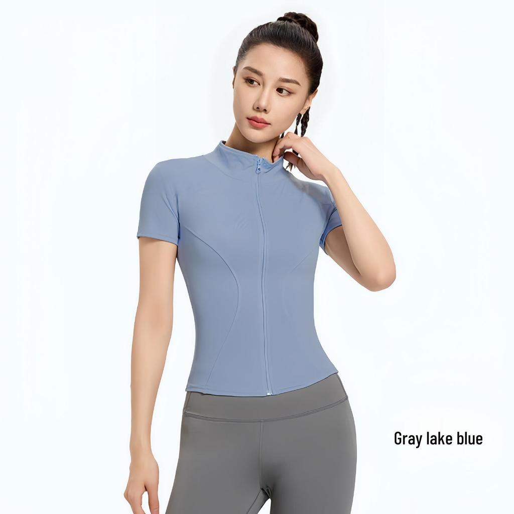 2026 Breathable Short Sleeve Yoga Shirt with Stand Collar, Zipper & Quick Dry for Gym, Running, Sports & Outdoor Activities