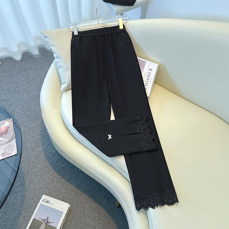 High Waist Lace Hollow Straight Leg Plus Size Stretch Pants 3XL (120-140 jin) чёрный