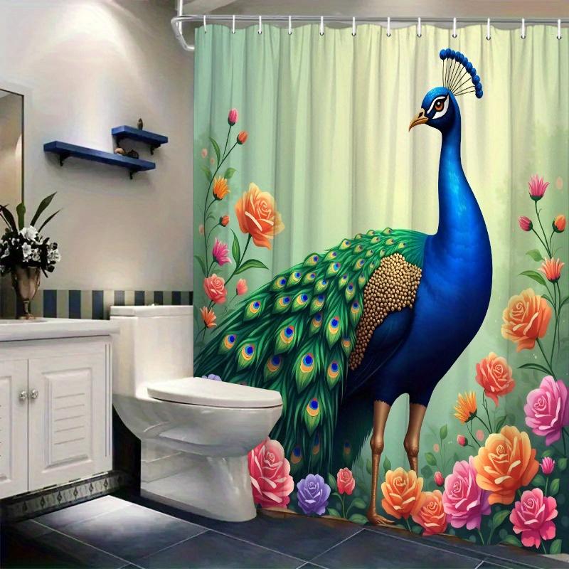 1pc Vibrant Peacock & Floral Shower Curtain - Majestic Garden Scene, Roses & Lilies, Polyester, 12 Hooks, 70.8x70.8"