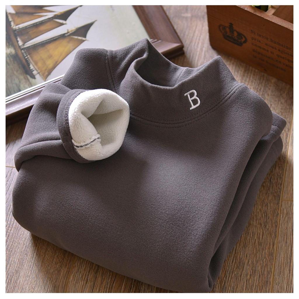 Boys' Half-Turtleneck Warm Autumn Winter Shirt with Velvet  Thickened Medium and Large Children's Clothing for Boys