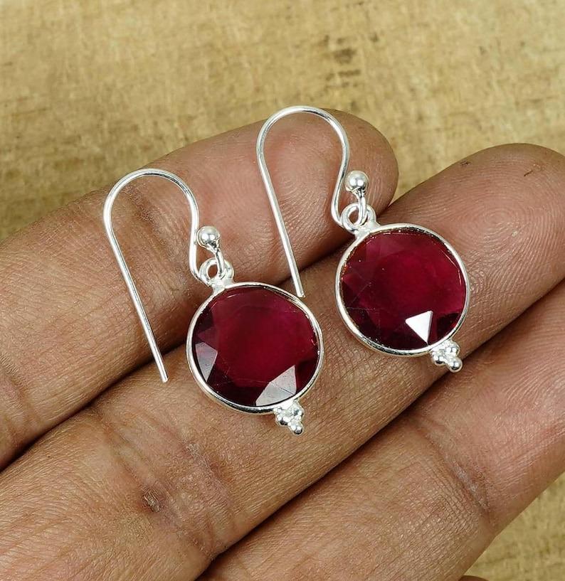 

Solid 925 Sterling Silver Garnet Round Gemstone Handmade Dangle Drop Earrings Gift For Her