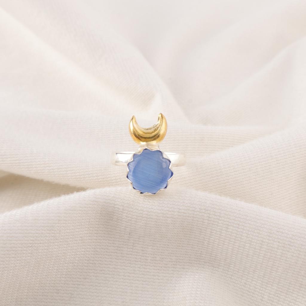 Natural Dark Blue Cat's Eye 925 Silver Mother Gift Stackable Friendship Day Ring RR-58-46