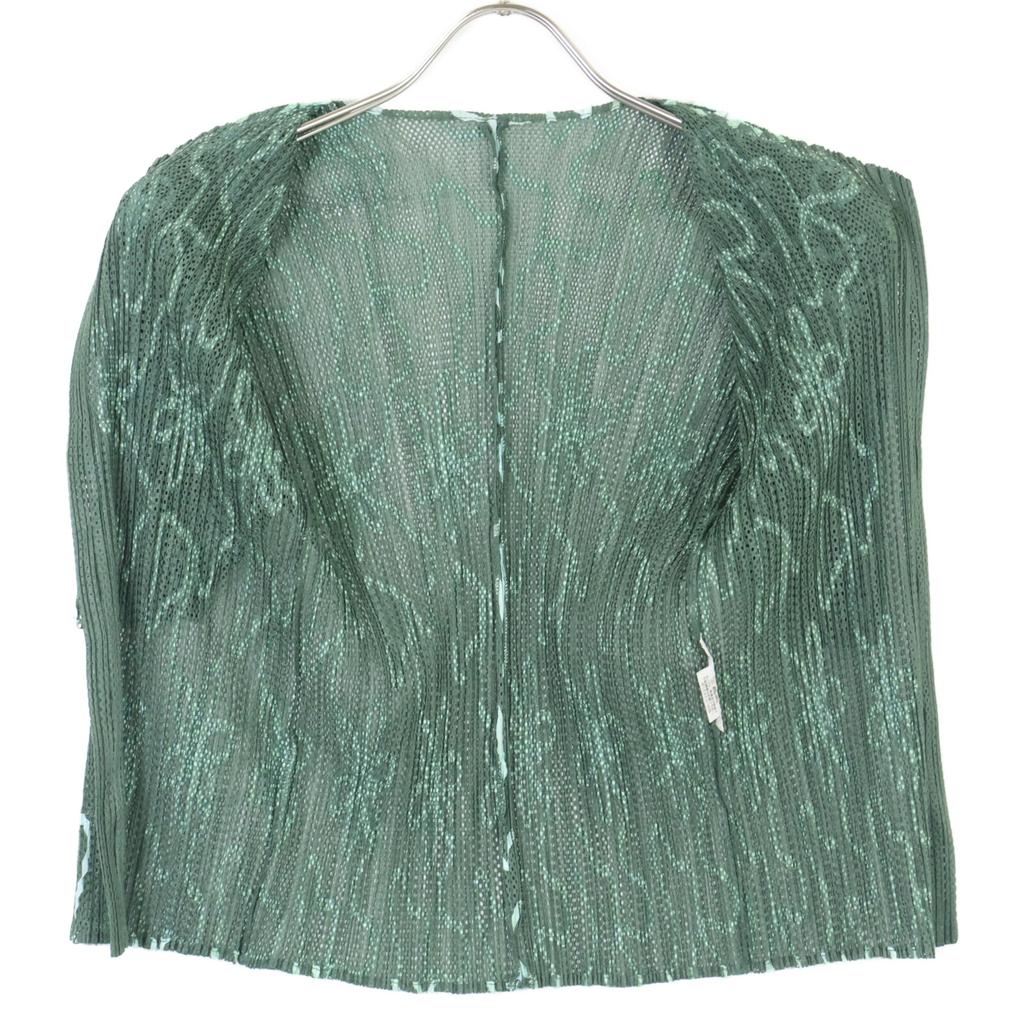 PLEATS PLEASE 10 Year Green Flower Print Short Sleeve Cardigan Tops 3 greenUsed