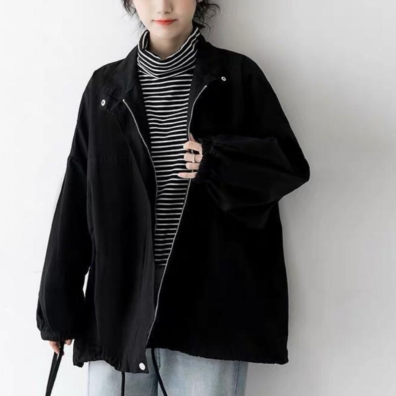 Retro Dámské Jarní a Podzimní Nové Prošívané Stojáček Kapsa na Zip Módní Jednobarevné Volné Ležérní Bundy s Dlouhým Rukávem