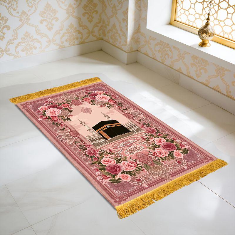 Floral Tassel Prayer Rug, Lightweight Portable Non-Slip Prayer Mat, Islamic Worship Rug for Home Decor