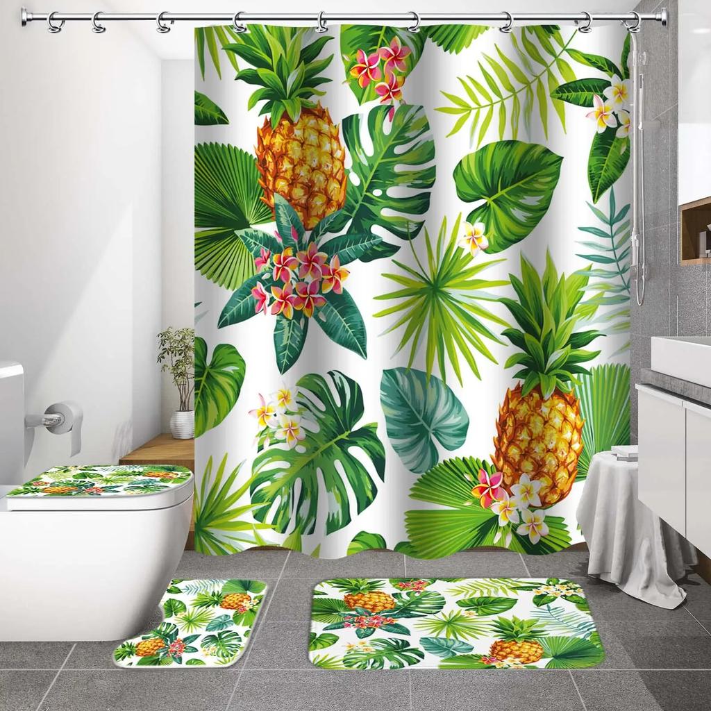 Elegant Leaves Big Flowers Print Shower Curtain With Hooks High Quality Waterproof Bathroom Curtain Bath Mat Set Home Decoration