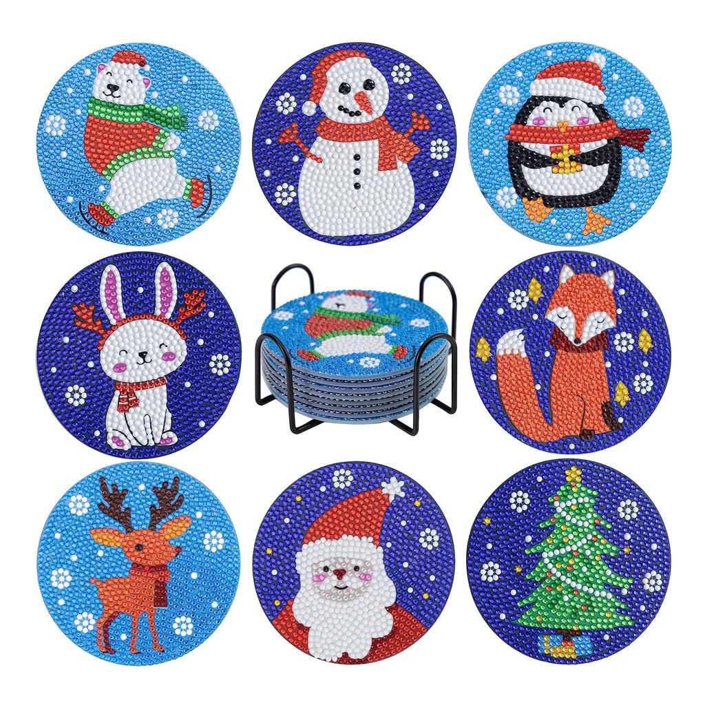 8-Pack Diamond Art Coaster Kit, DIY Diamond Painting Kit, 5D Diamond Painting Kit with Holder, Coaster Craft Kit for Beginners, Adults, and Kids (Red