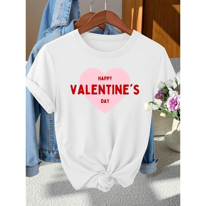 

European Size Elegant Women S Happy Valentine S Day Print Crew Neck T-Shirt | Fashionable, Versatile for Commuting and Casual Wear S белый