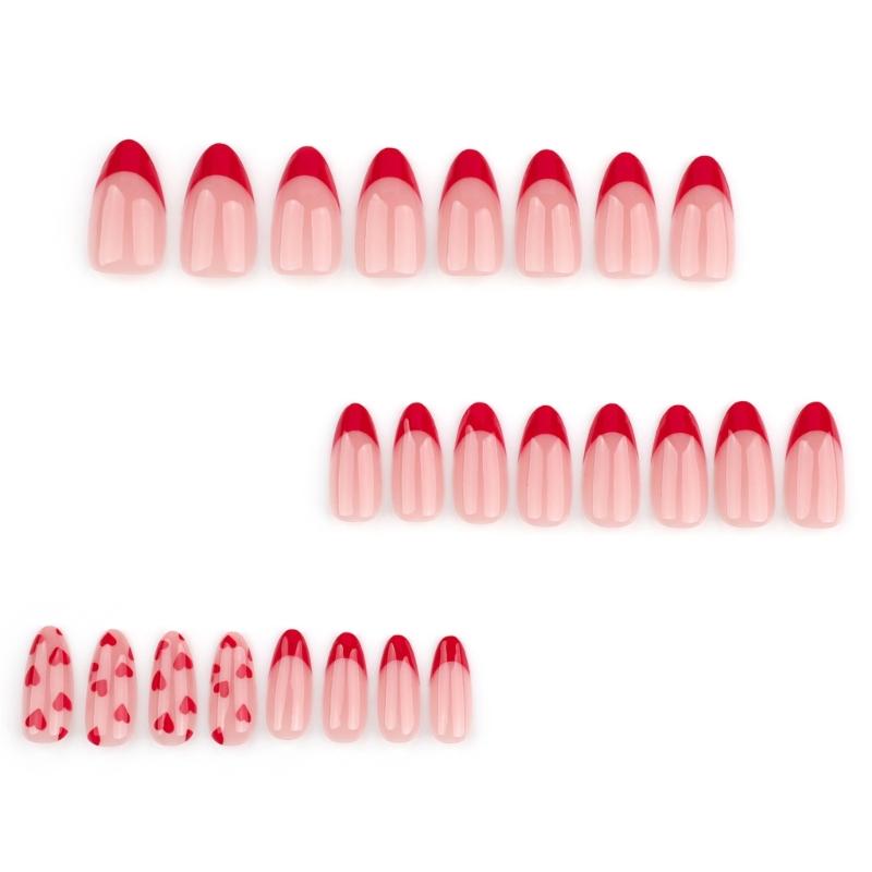 24 Stück Valentinstag Aufklebe-Nagel Französische Spitze Künstlicher Nagel Mandelform Press-On-Nagel Herz Acrylnagel