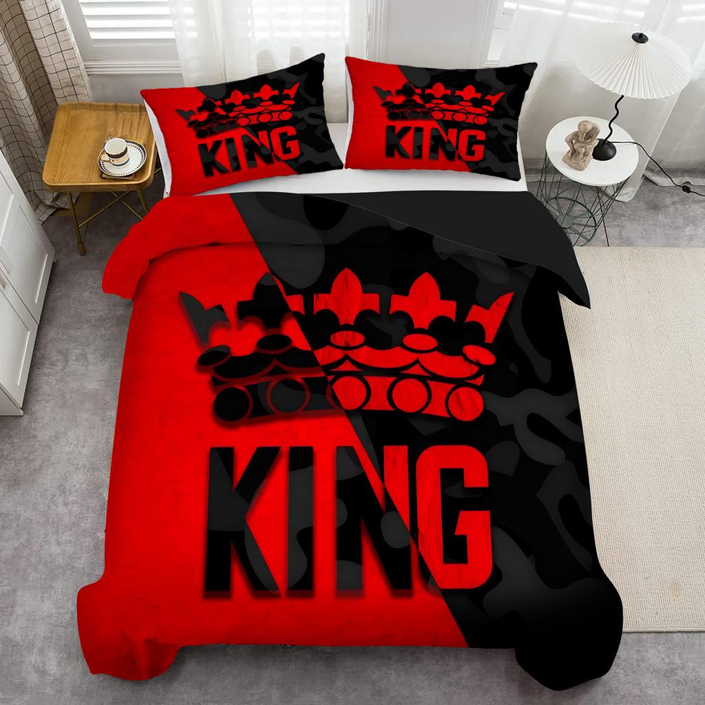 King'S Crown Muster 3D Gedruckter Bettbezug Rot Schwarz Paar Stil Bettbezug Set Weich Bequem Polyester Steppdeckenbezug Set