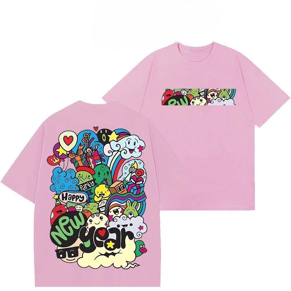 2025 Summer and Autumn new cartoon graffiti print T-shirt casual and sporty short-sleeved men s and women s street tops 4XL