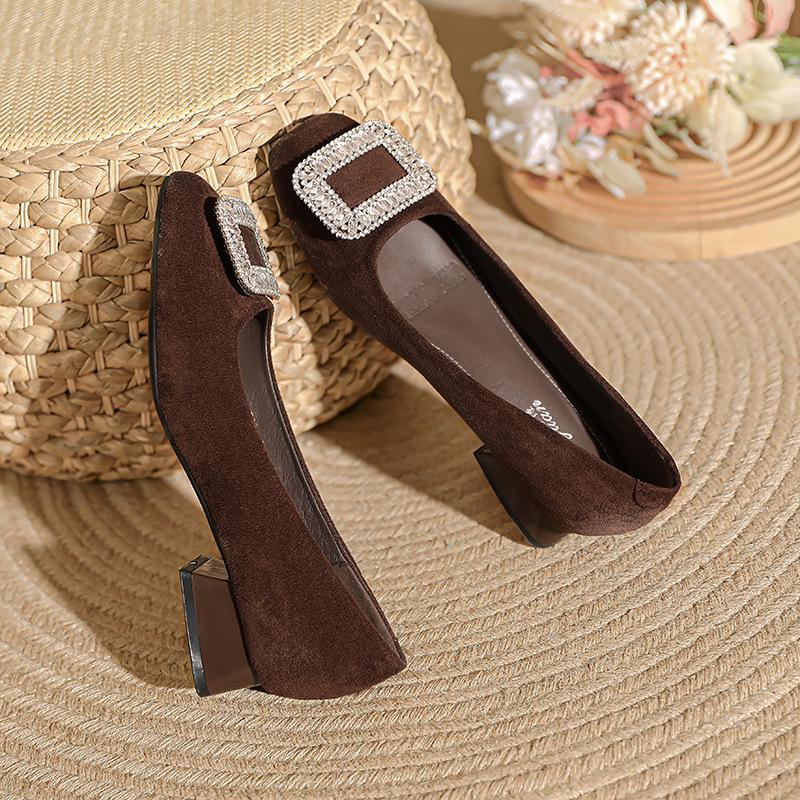 Comfortable low-heeled single shoes women's black work shoes 2025 spring and autumn women's shoes French rhinestone square buckle thick heel high heel