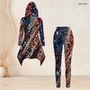 Women Plus Size Two Piece Set Hooded Long Sleeve High Low Top Tropical Leaf Printed Fitted Pants