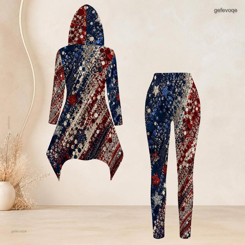 Women Plus Size Two Piece Set Hooded Long Sleeve High Low Top Tropical Leaf Printed Fitted Pants