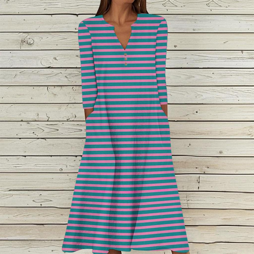 Women's Summer Casual V-Neck Button Stripe Printed Three-quarter Sleeve Long Dress With Pockets