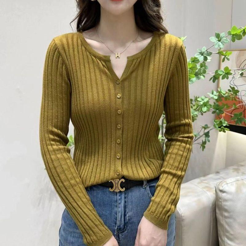Versatile Korean-Style Ribbed Knit Cardigan - Spring & Autumn Long Sleeve Sweater with Round Neck