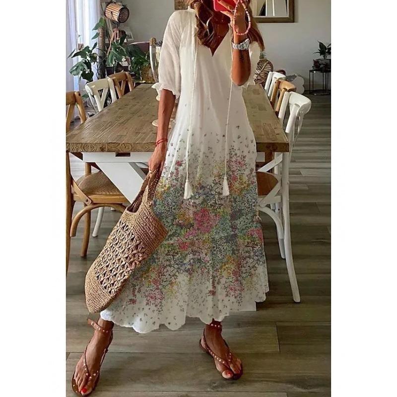 Damen Sommer Maxikleid V-Ausschnitt Halber Ärmel Langes Kleid Lässig Kordelzug Geometrischer Druck Boho Kleid 3XL