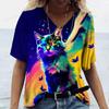 Sommer Damen V-Ausschnitt T-Shirt Niedliche Katze Orangescheiben Aufdruck Lässig Locker Kurzarm Top