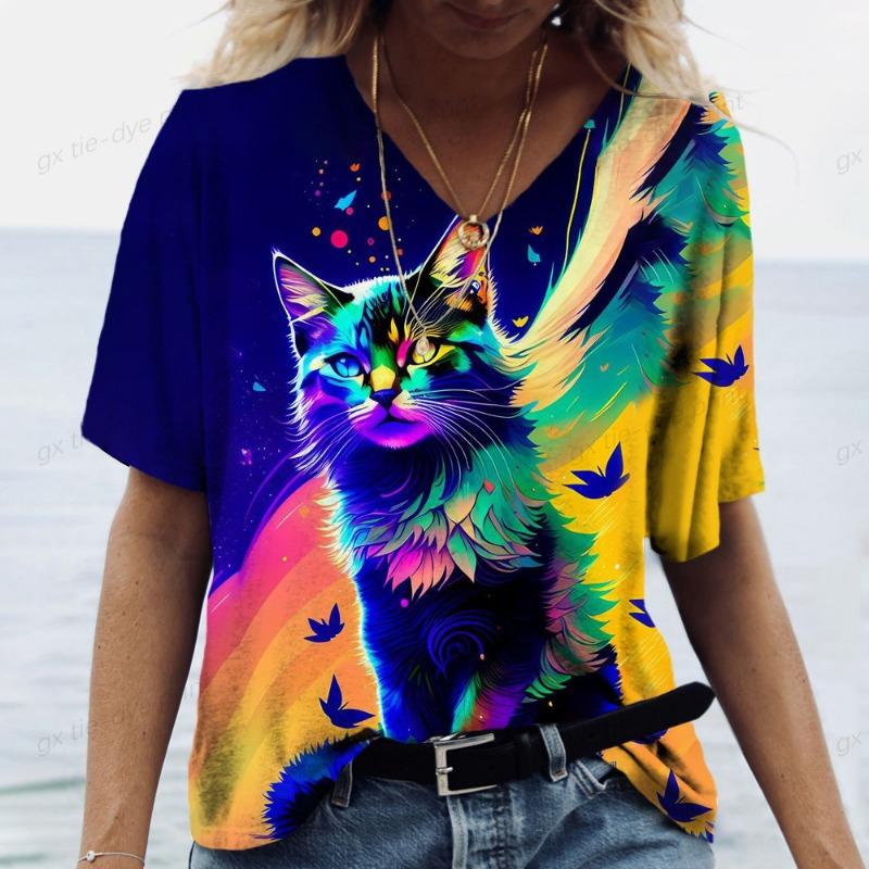 Sommer Damen V-Ausschnitt T-Shirt Niedliche Katze Orangescheiben Aufdruck Lässig Locker Kurzarm Top