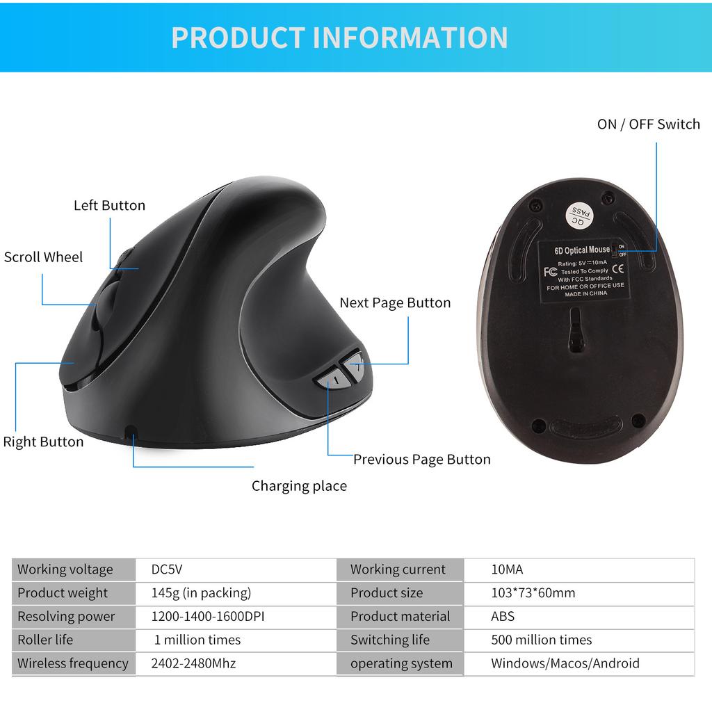 Wireless Charging Vertical Mouse Ergonomics Wireless Upright Photoelectric Built-in Lithium Battery Charging Mouse