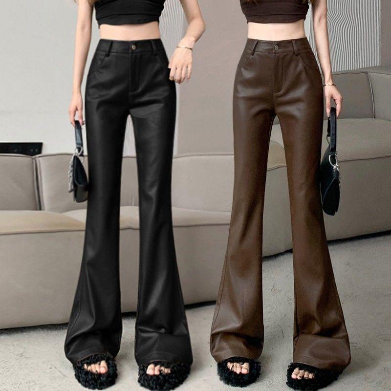 Women's Plus Size Retro High Waist PU Leather Flare Pants (Korean Style, 2026 Spring/Autumn)