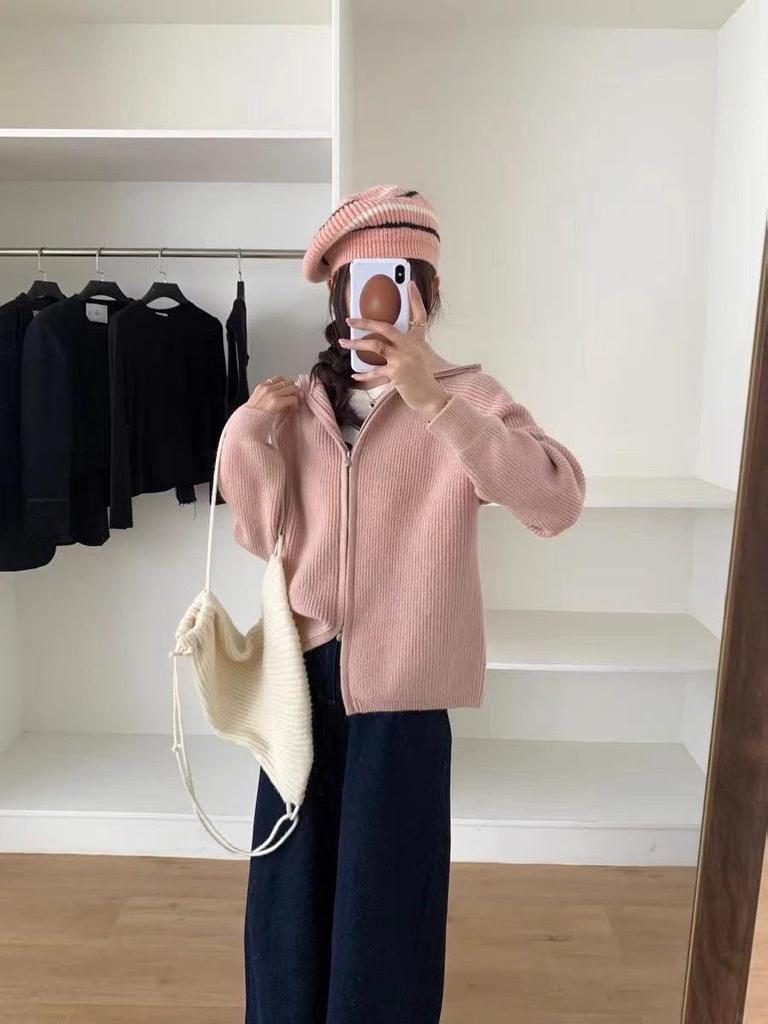 Korean Dongdaemun Women's Double Zipper Lapel Coat - Thick Wool Sweater, Autumn/Winter, Soft, Fluffy, Loose, Lazy Style.