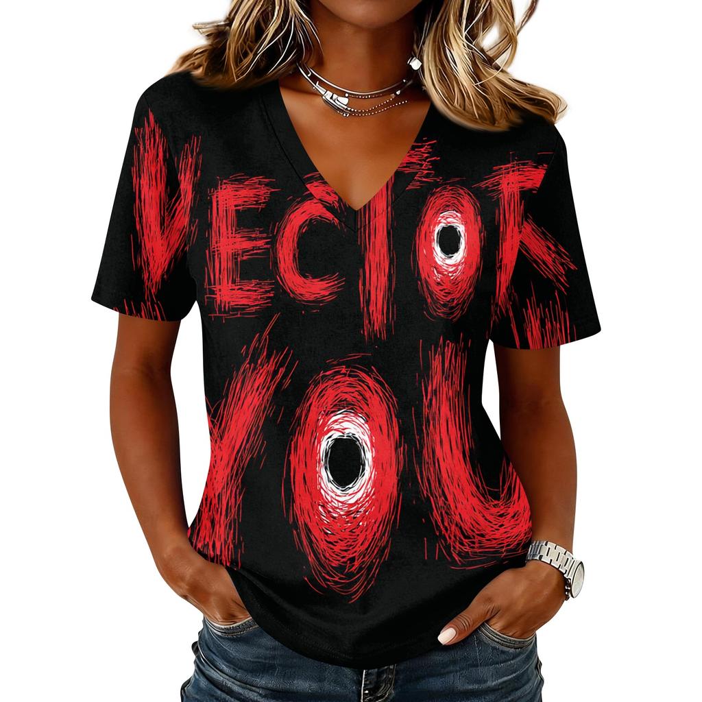 Women's Casual Short Sleeve V Neck Pullover Top Halloween Print Loose Fit Lightweight T Shirt for Everyday Wear