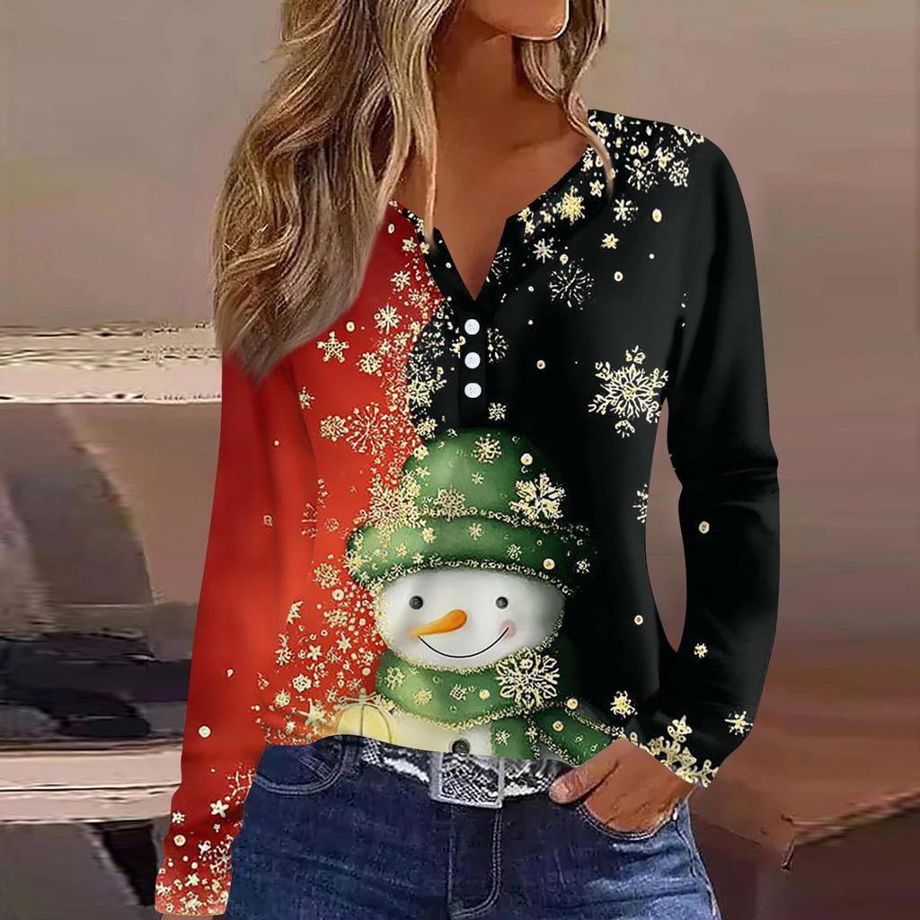 Women's T Shirt Tee Christmas Printed Button Long Sleeve Tunic Daily Weekend Fashion Basic V- Neck Regular Top