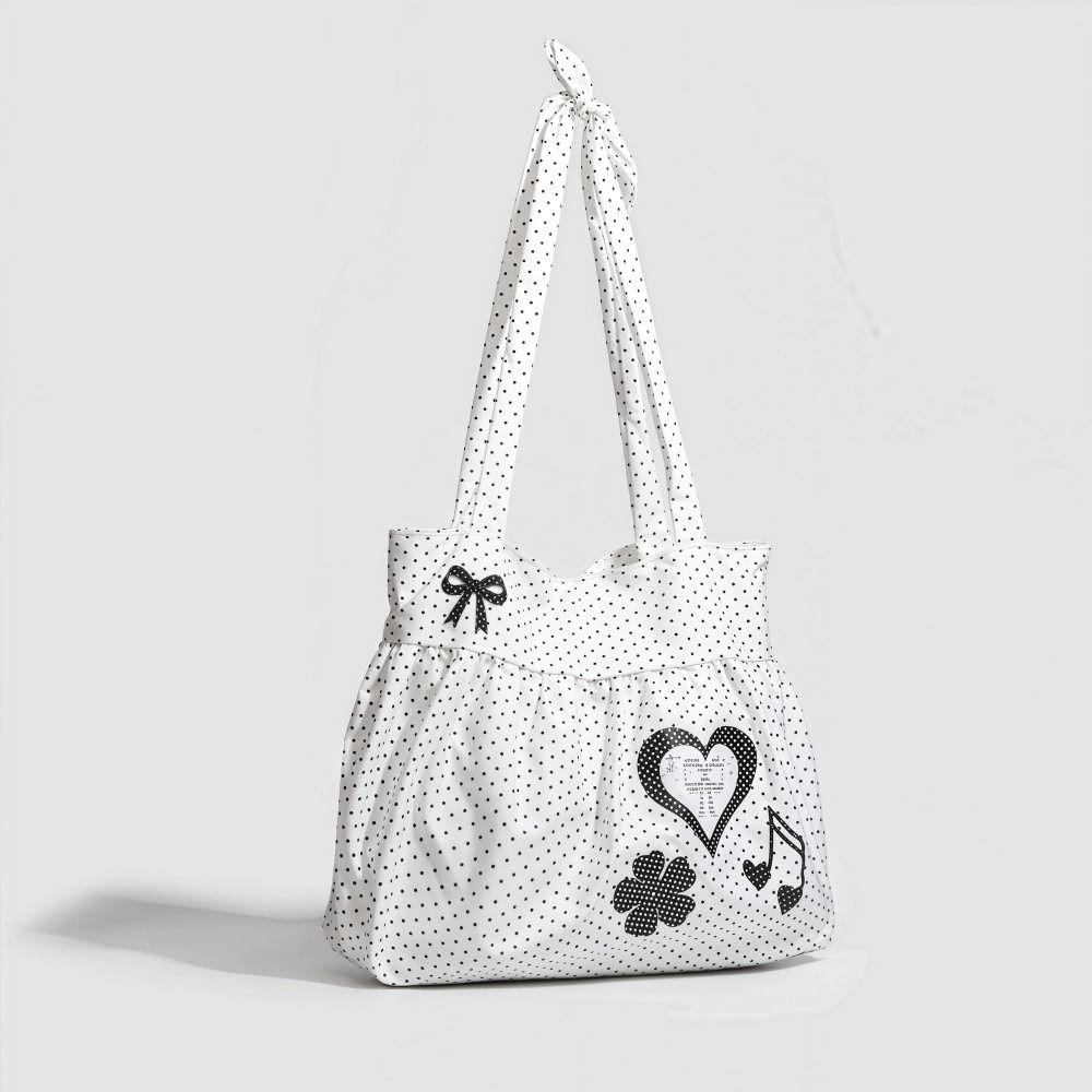 Fashion Canvas Shoulder Bag Polka Dot Print Large Capacity Lady Handbags Lightweight Solid Color Crossbody Bag Women