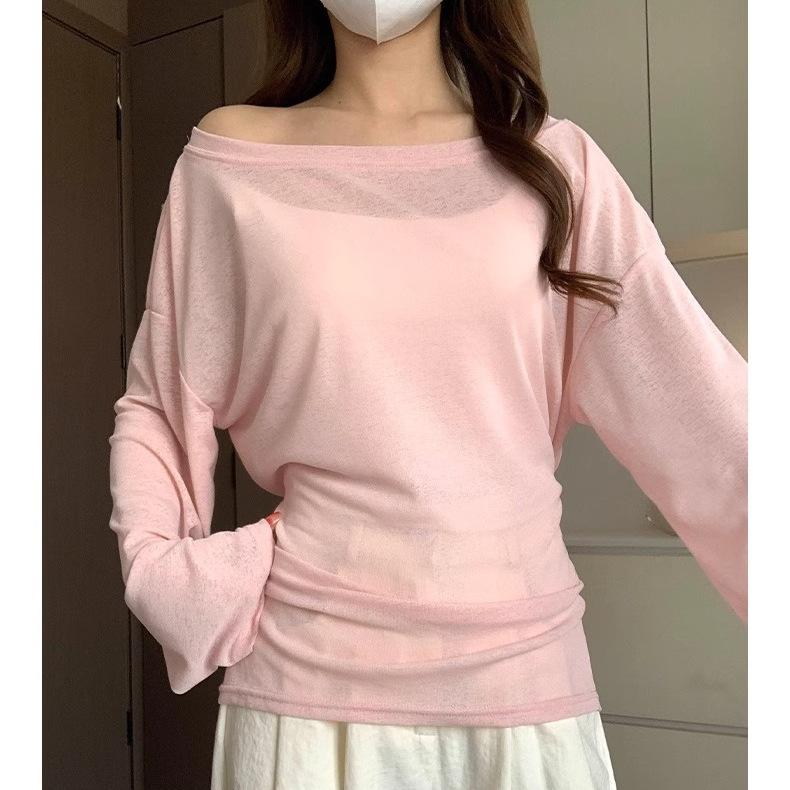 

apricot sunscreen blouse tulle top women s summer new straps hollow pure wind off-the-shoulder air conditioner shirt XL рожевий