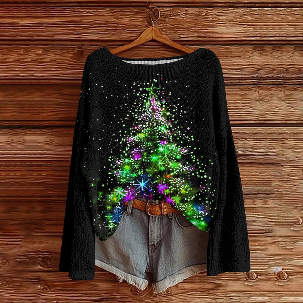 Women's Casual Fashion Round Neck Top Christmas Print Long Sleeve Knit Pullover