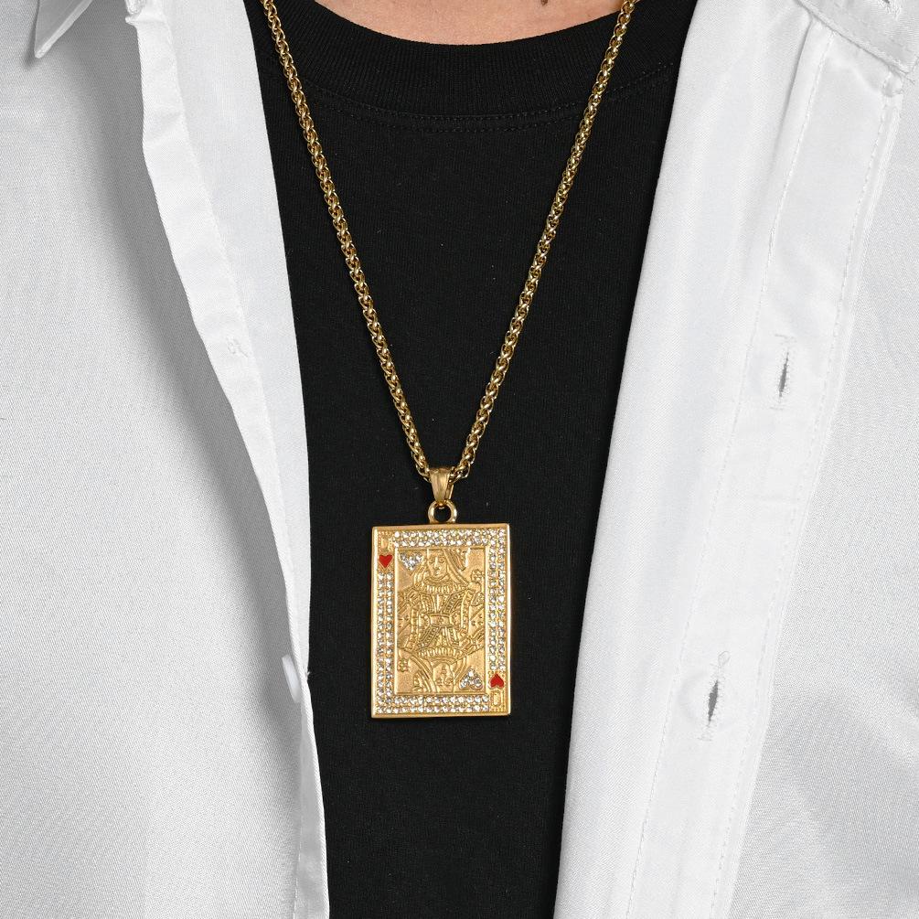 Popular Hip Hop Full Diamond Playing Cards Hearts K Pendant Titanium Steel Gold Plated Couple Necklace Niche Trend