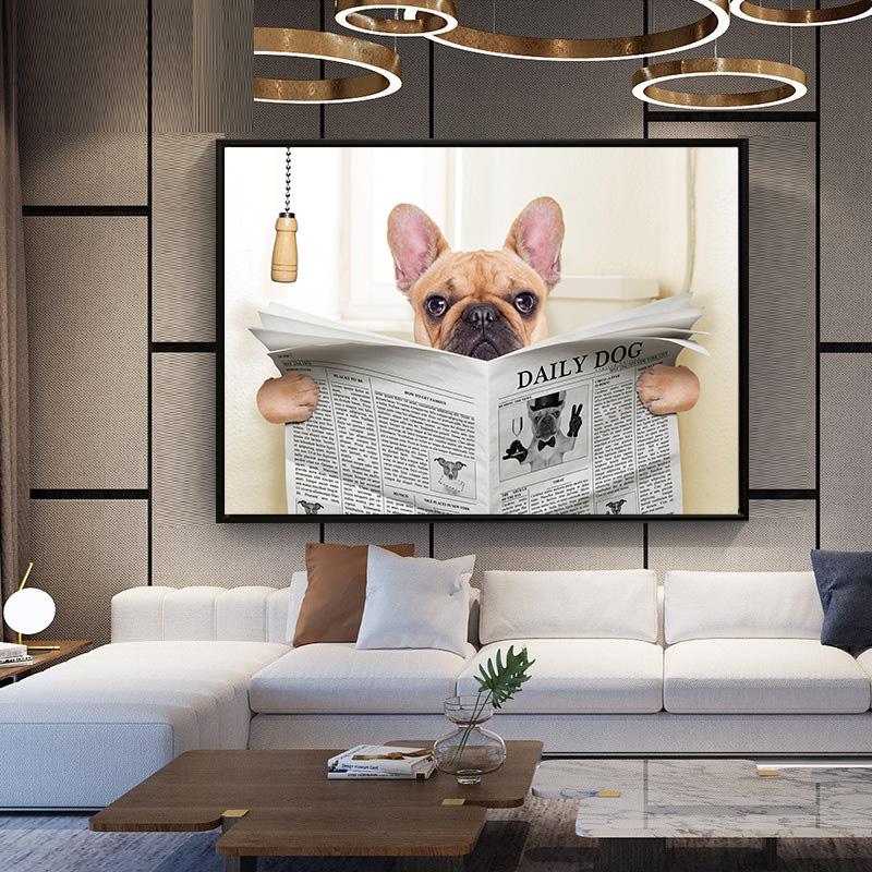 Dog Reading Newspaper Toilet Wall Art Canvas Prints Funny Dog Painting Wall Picture Home Bathroom Decor Dogs Lover Gift
