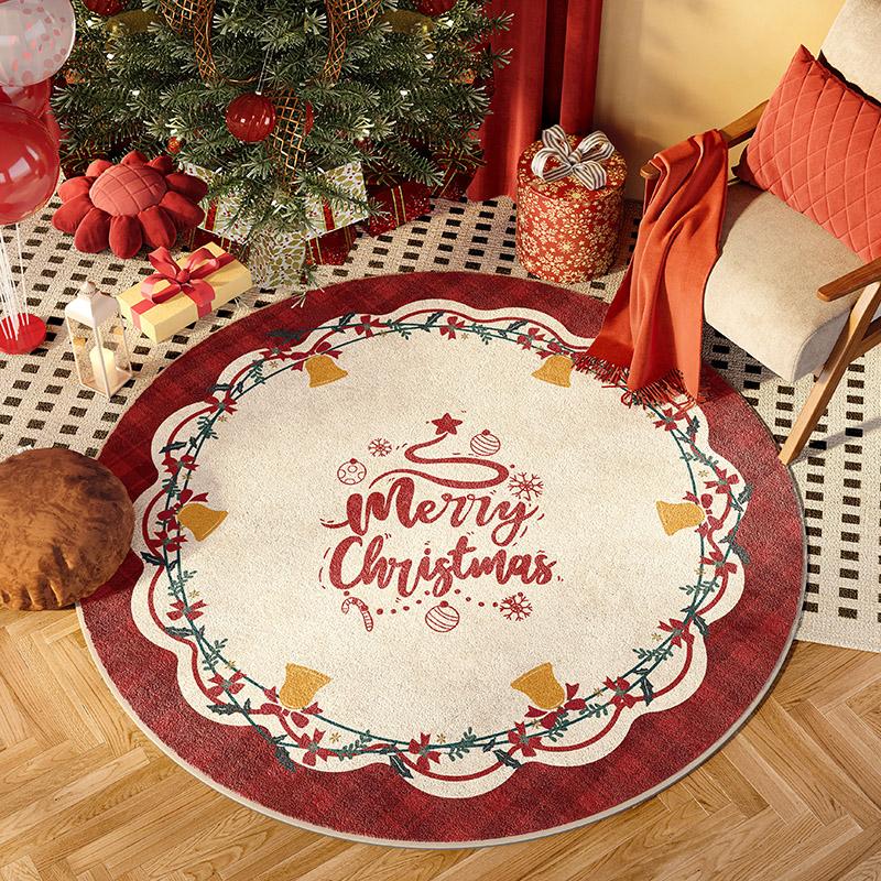 Christmas Circular Carpet For Living Room, Red Color Scheme, Festive Christmas Tree, Cheerful Home Decoration