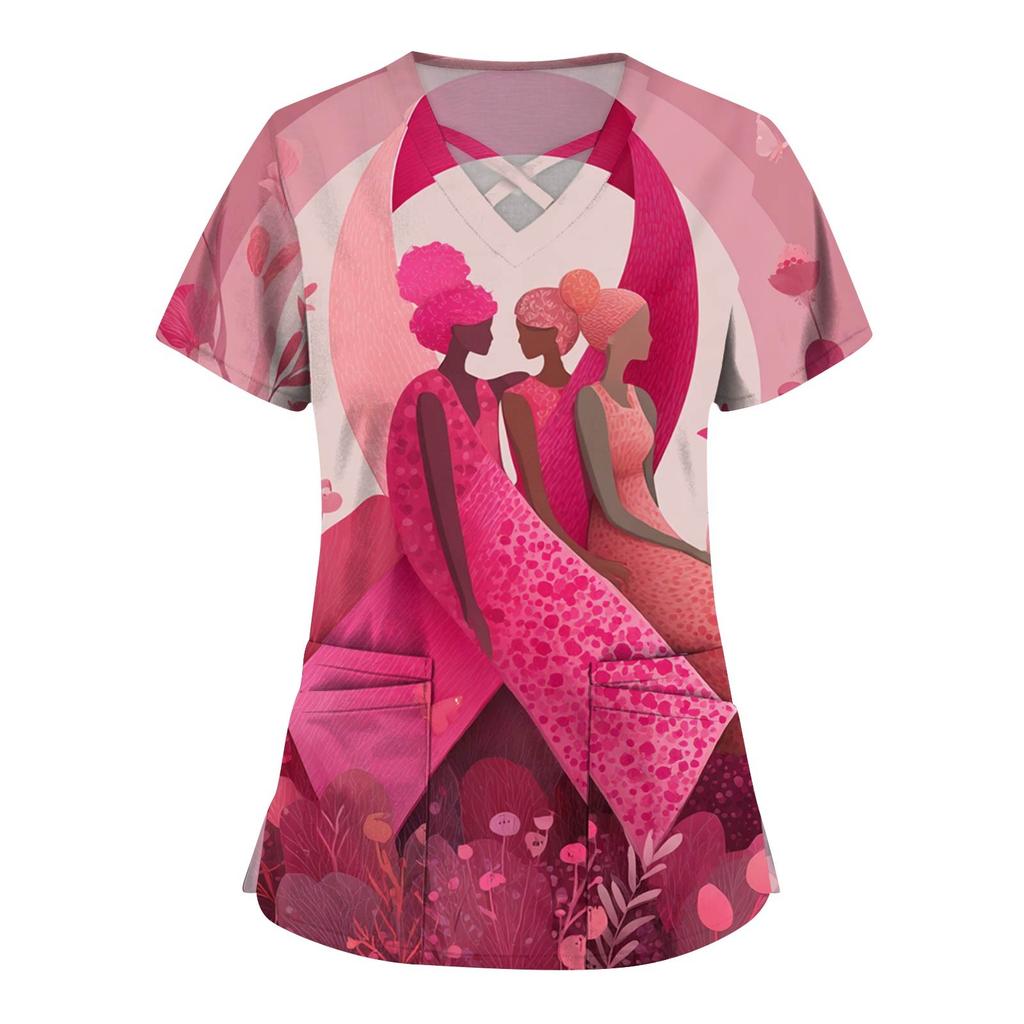 Women's Fashion  V-Neck Short Sleeve Overalls Double Layer Pocket Printed Tops  Apparel