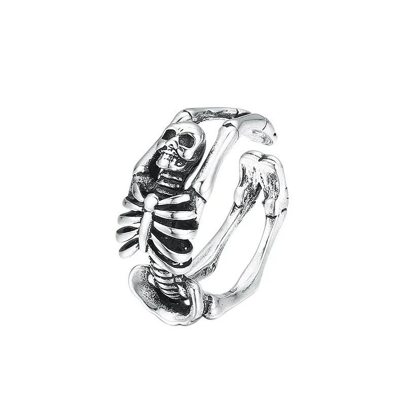 New Creative Gothic&Punk Skeleton Bones Opening Ring for Unisex Exaggerated Retro Ring Vintage Hip Hop Rock Silver Color