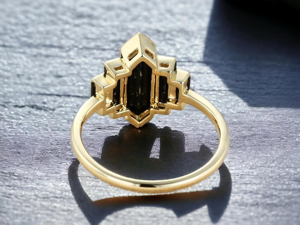 Hexagon Black Onyx Ring: Rose Gold Vintage Bridal Ring: Multistone Engagement Ring: Art Deco Bridal Wedding Jewelry