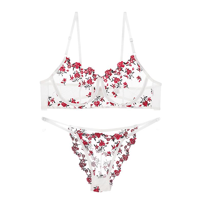 Women Transparent Sexy Lace Bra Set Underwired Bras Thin Female Pure Desire Underwear Floral Thong Sexy Lingerie Set