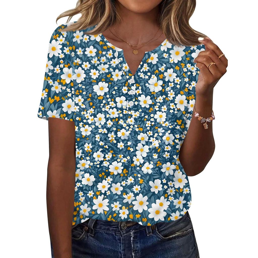 Women's T Shirt Print Button Short Sleeve Daily Weekend Fashion Basic V- Neck Regular Top