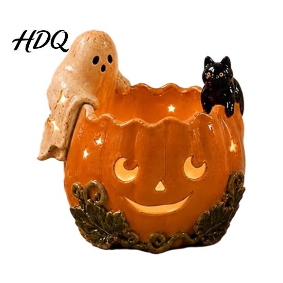 Holiday Gift for Cat Lovers Halloween Pumpkin Candle Holder Resin Ghost Black Tea Light Hollow Starlight Shadow Lamp Stand Retro Distressed